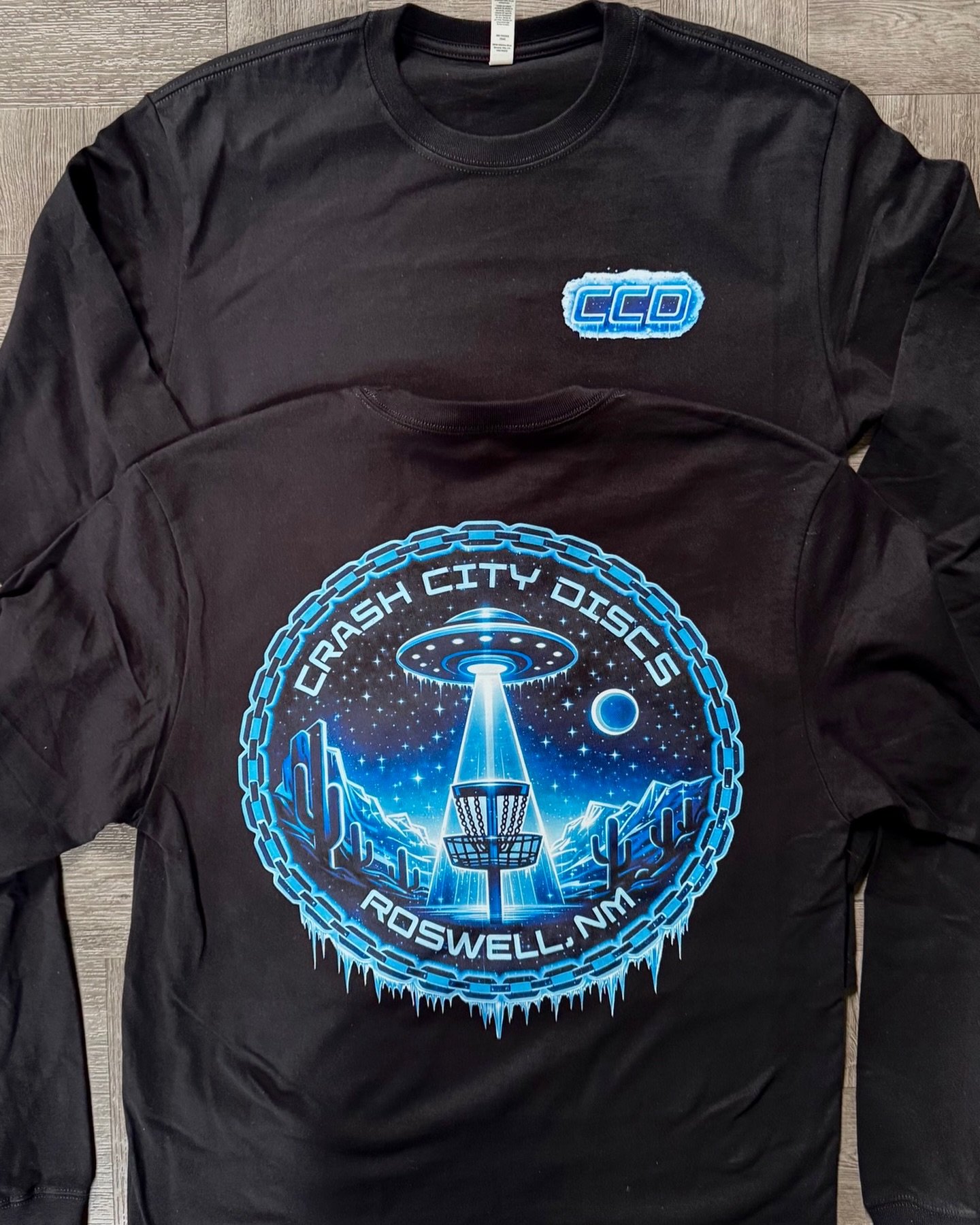 Crash City Discs long sleeve shirt with full color DTF print